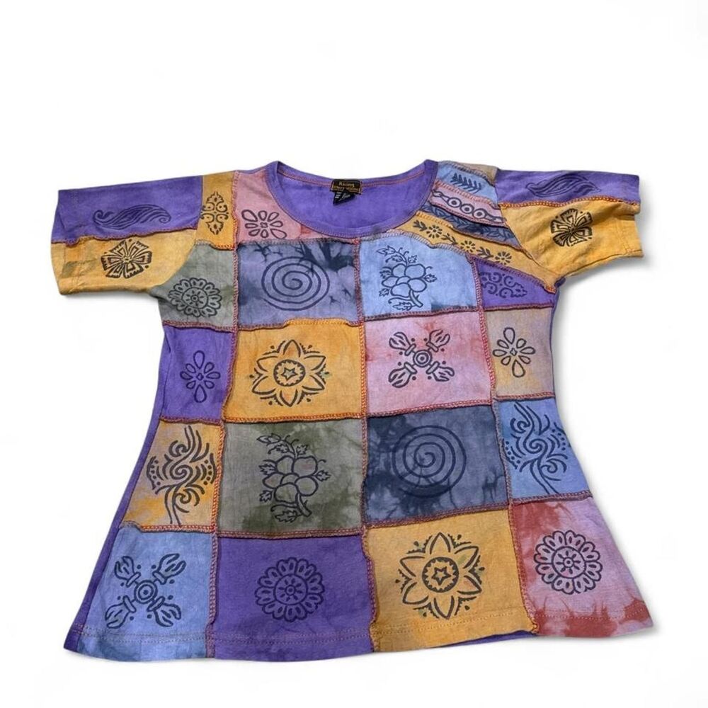 Rising International Purple tie-dye babydoll top with patchwork design